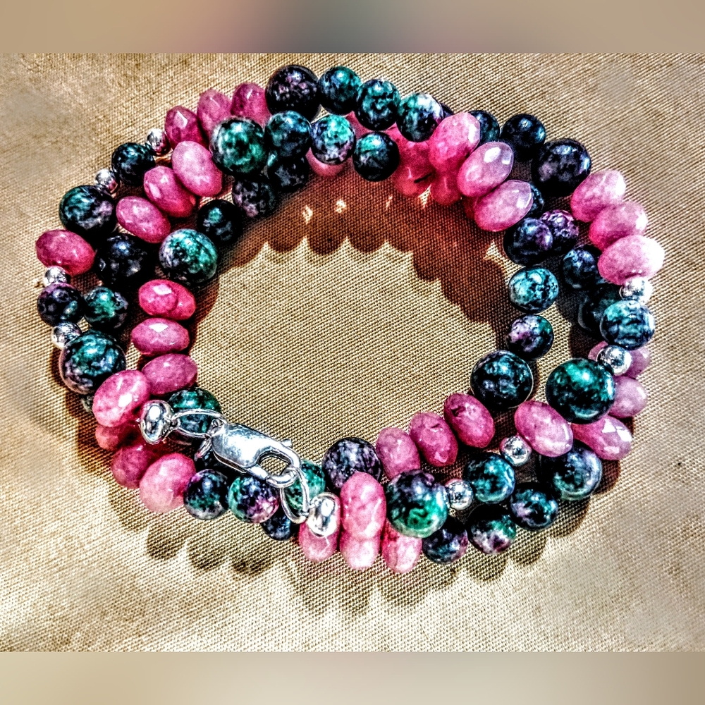 🔥 BRIGHT RUBY ZOISITE, PINK RHODONITE & STERLING SILVER. 22"-BEADED NECKLACE.